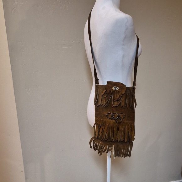 VTG 70s Boho Suede Fringe Shoulder Bag | Hippie Festival Leather Purse - Picture 2 of 7